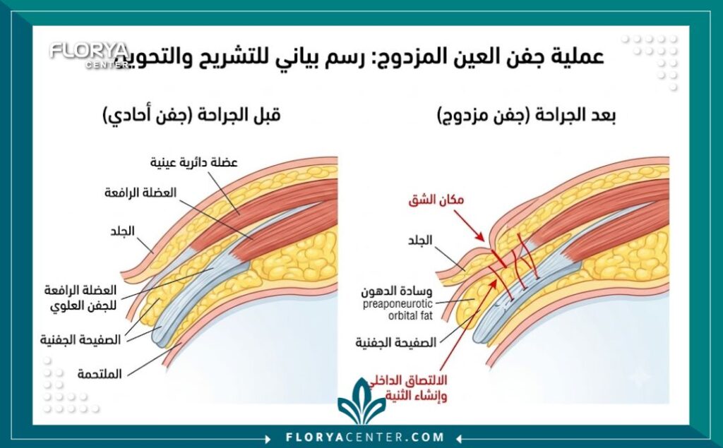 رسم توضيحي طبي يظهر تشريح جفن العين الآسيوي (الجفن المبطن) قبل وبعد عملية الجفن المزدوج، مع توضيح مكان تكوين الطية الجديدة والعضلات والدهون، والتعليقات باللغة العربية.