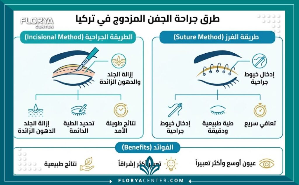 إنفوجرافيك يوضح طرق عملية الجفن المزدوج في تركيا: الطريقة الجراحية وطريقة الغرز، مع مقارنة بينهما باللغة العربية.