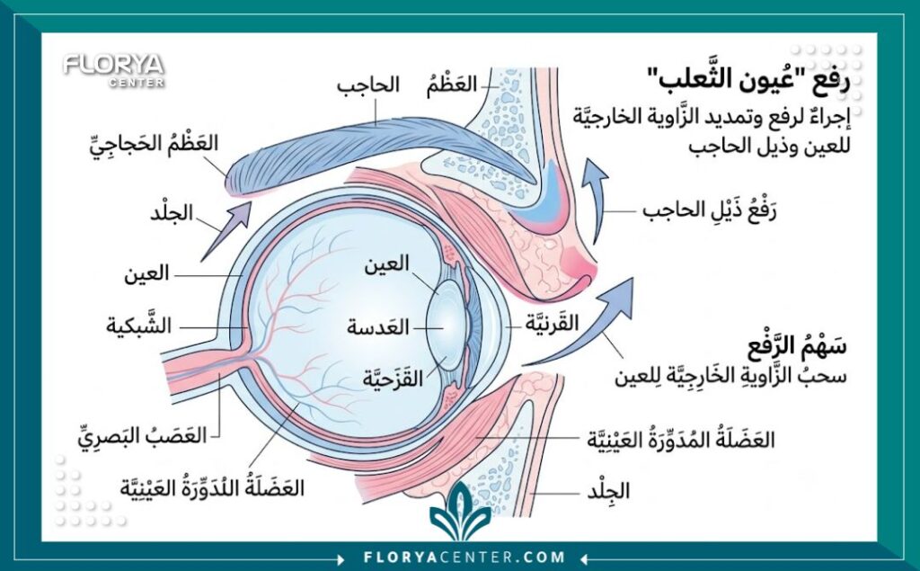 رسم توضيحي طبي لتشريح العين يوضح كيفية إجراء عملية الفوكسي آيز لشد الجفون ورفع الحاجب.