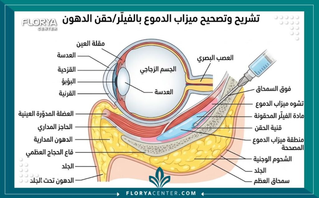رسم توضيحي طبي يوضح تشريح العين ومكان حقن الدهون أو الفيلر لعلاج تجويف العيون.