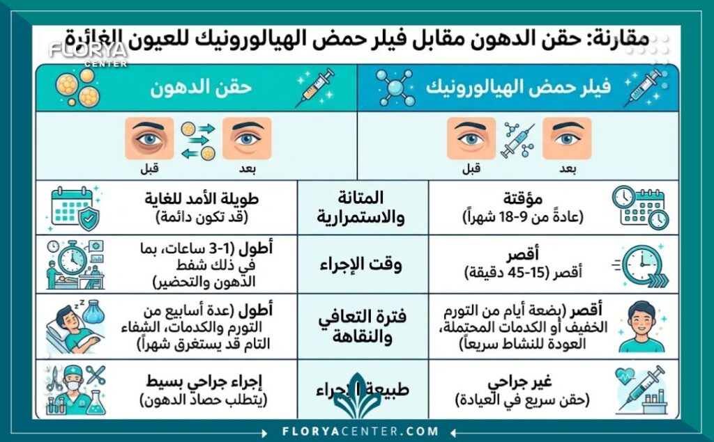 انفوجرافيك مقارنة بين حقن الدهون الذاتية والفيلر المخصص لعلاج العيون الغائرة.