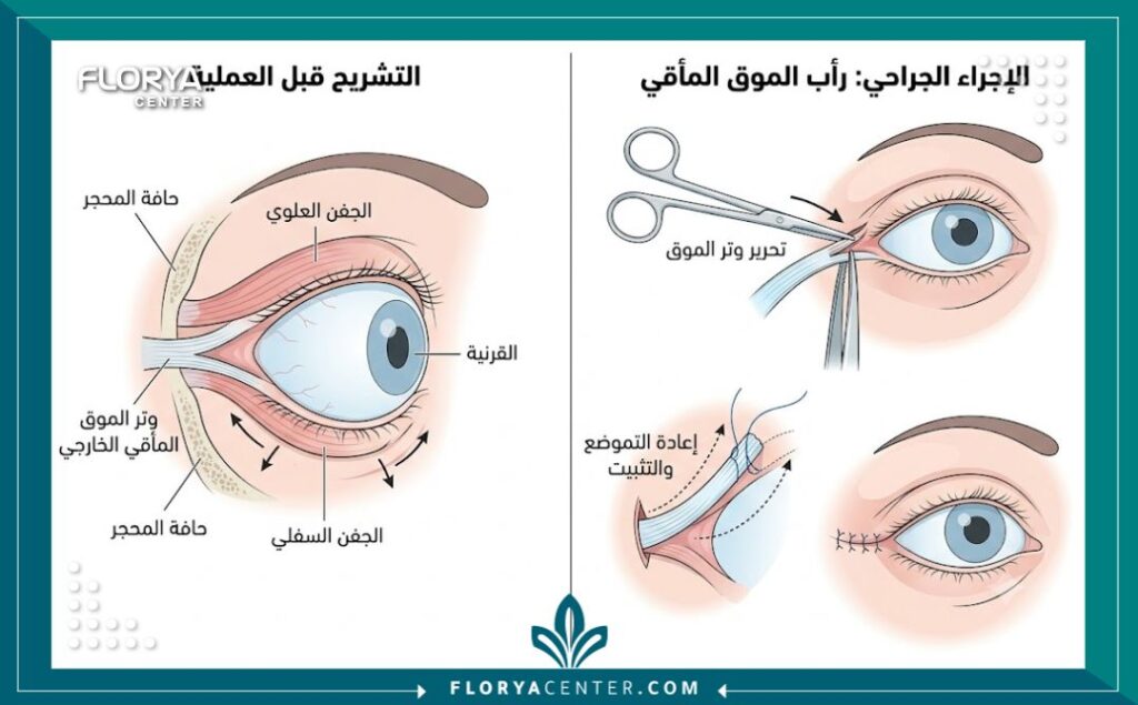 رسم توضيحي طبي يشرح تشريح العين الدقيق وخطوات عملية الكانثوبلاستي لسحب الجفن للخارج.