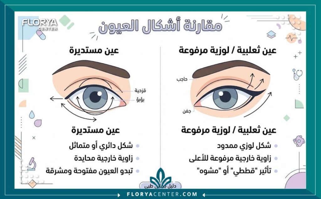 إنفوجرافيك يقارن بين شكل العين الدائري وشكل العين اللوزية المشدودة قبل وبعد عملية سحب الجفن.