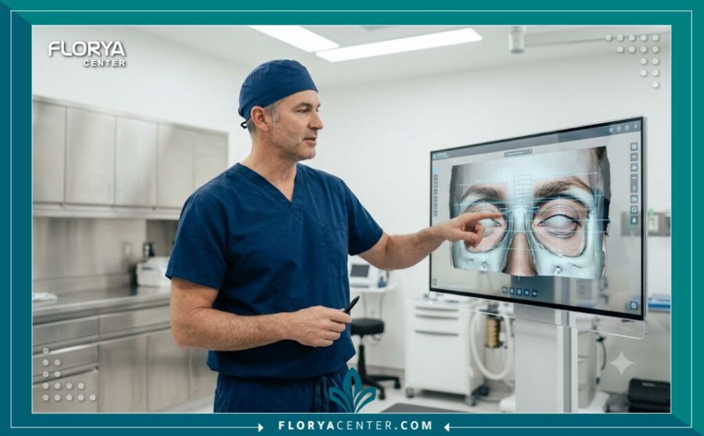 طبيب تجميل عيون متخصص داخل عيادة حديثة ومجهزة لتقييم حالة المريض قبل إجراء جراحة تجميل العين.