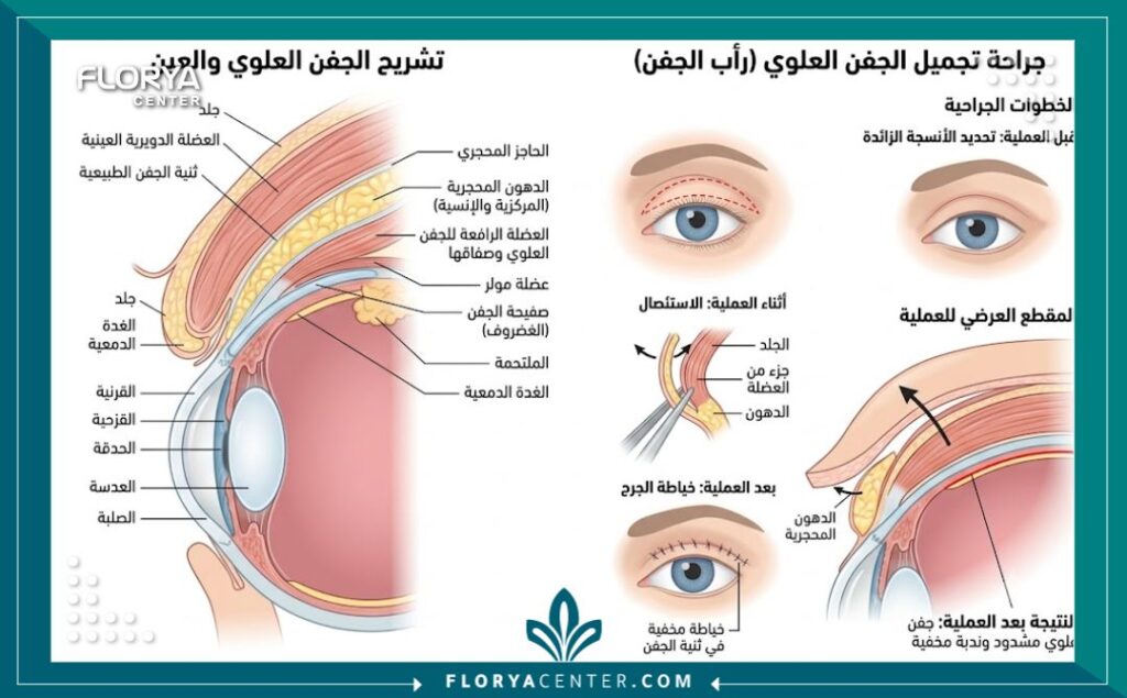 رسم توضيحي طبي يشرح التشريح الدقيق للعين وخطوات إزالة الجلد والدهون الزائدة في جراحة شد الأجفان العلوية.