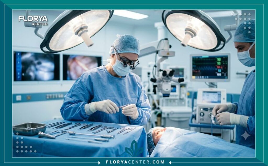 غرفة عمليات حديثة ومجهزة بأحدث التقنيات الطبية لإجراء جراحات تجميل العيون وشد الجفون في بيئة معقمة واحترافية.