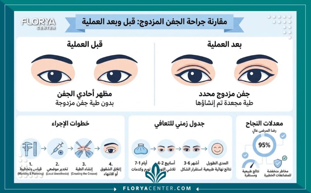 إنفوجرافيك يقارن شكل العين قبل وبعد جراحة ثنية الجفن، ويوضح فترة النقاهة ونسب النجاح العالية.