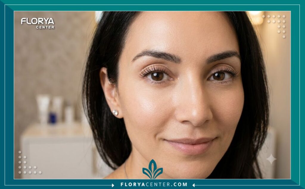 لقطة مقربة تظهر عيون امرأة شابة نضرة ومشدودة بعد نجاح عملية تجميل الجفون، مع بشرة صافية وإضاءة تجميلية ناعمة.