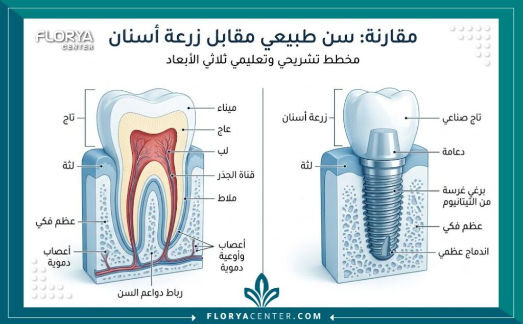 عيادة اسنان في تركيا 2 رسم توضيحي طبي مفصل يوضح بنية السن الطبيعي ومراحل زراعة الأسنان بأمان داخل عيادة اسنان في تركيا.