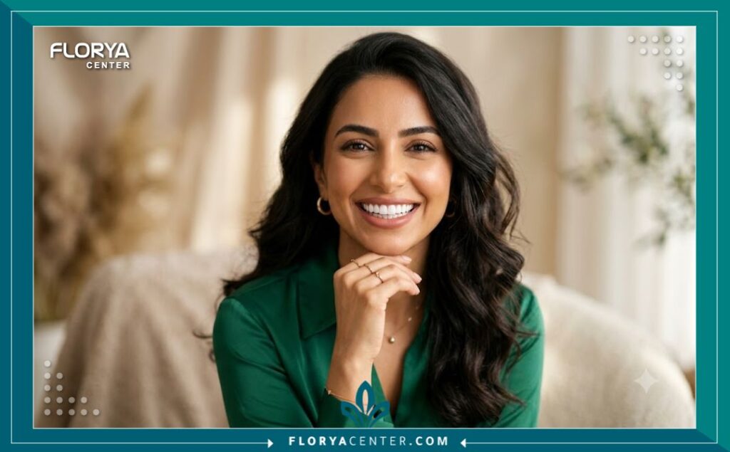 امرأة تبتسم بثقة تبرز جمال طبيعة فينير الاسنان الخزفي ونتائج تغطية عيوب وتصبغات الأسنان.