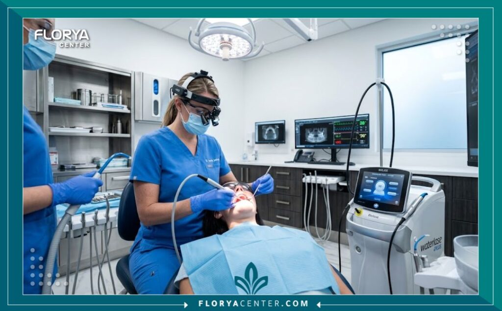 طبيب أسنان متخصص يستخدم أحدث أجهزة الليزر داخل عيادة أسنان متطورة في تركيا.