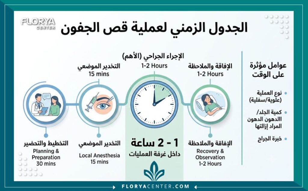 إنفوجرافيك طبي يوضح كم تستغرق عملية قص الجفون، مؤكداً أن الإجراء الجراحي يستغرق عادة ما بين ساعة إلى ساعتين داخل غرفة العمليات.