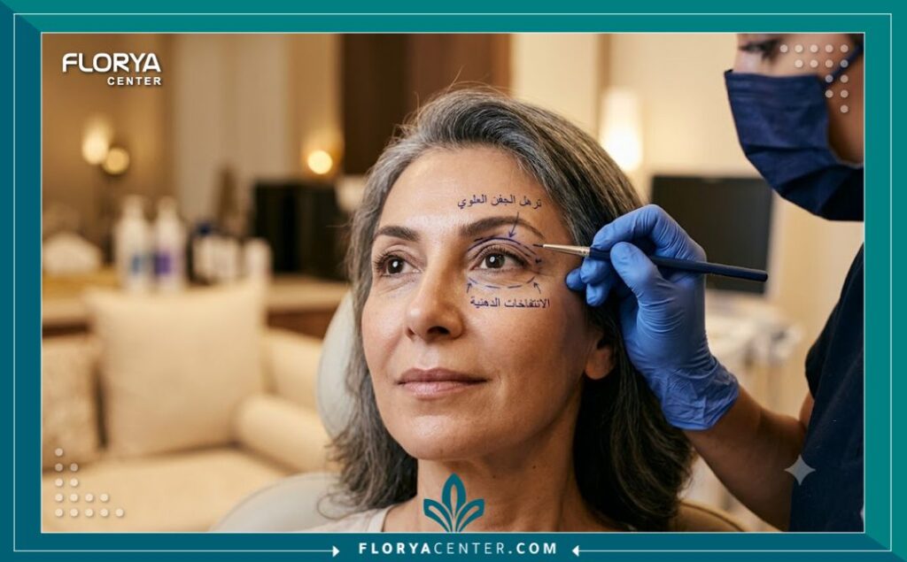لقطة قريبة لعيون امرأة مع إضاءة تجميلية ناعمة، تظهر علامات التخطيط الجراحي الدقيق لعملية قص الجفون لعلاج الترهل والانتفاخ.