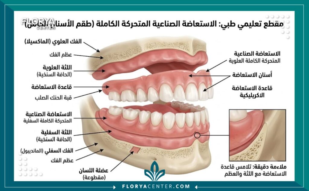 رسم توضيحي طبي ثلاثي الأبعاد يوضح تشريح الفك وكيفية تثبيت طقم الأسنان المتحرك الكامل على اللثة.