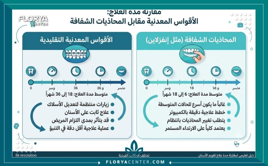 إنفوجرافيك طبي يقارن بين كم يستغرق تقويم الاسنان المعدني والشفاف وفترة الالتزام بكل نوع.