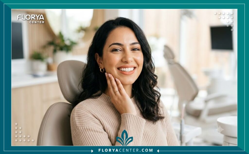 كيف يتم سحب العصب 5 مريضة تبتسم براحة تامة بعد الانتهاء من جلسات سحب عصب السن والتخلص النهائي من الألم.