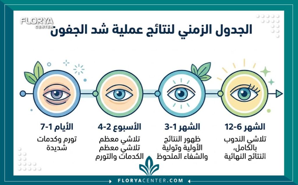 انفوجرافيك يوضح الجدول الزمني لظهور نتائج عملية شد الجفون، من مرحلة التورم والكدمات الأولية وحتى تلاشي الندوب والحصول على متى تظهر نتائج عملية شد الجفون النهائية بعد عام.