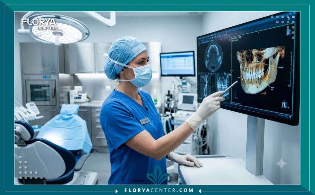 طبيب أسنان مختص يفحص أشعة مقطعية ثلاثية الأبعاد للفك لتحديد مدى الحاجة لزراعة جذر صناعي .