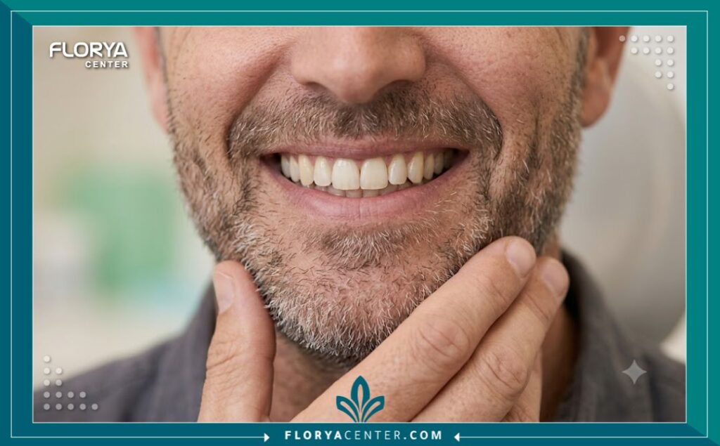 رجل يستعرض ابتسامته الطبيعية بثقة بعد الخضوع لعملية زراعة الأسنان لتعويض الأسنان المفقودة.