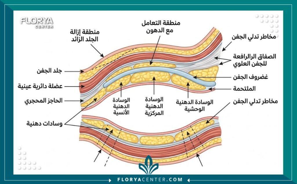 رسم توضيحي طبي تشريحي للجفن العلوي والسفلي، يوضح العضلات والدهون، مع تسميات عربية للمناطق المتأثرة بمخاطر الجراحة.