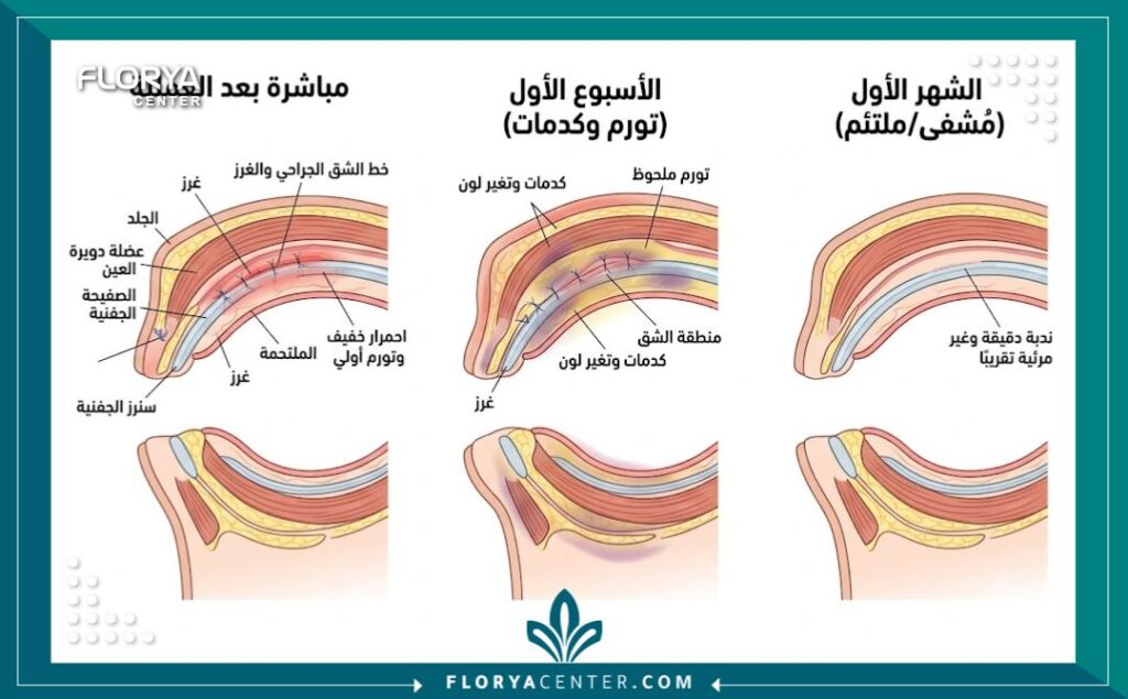 رسم توضيحي طبي يوضح مراحل التئام الجفون بعد الجراحة