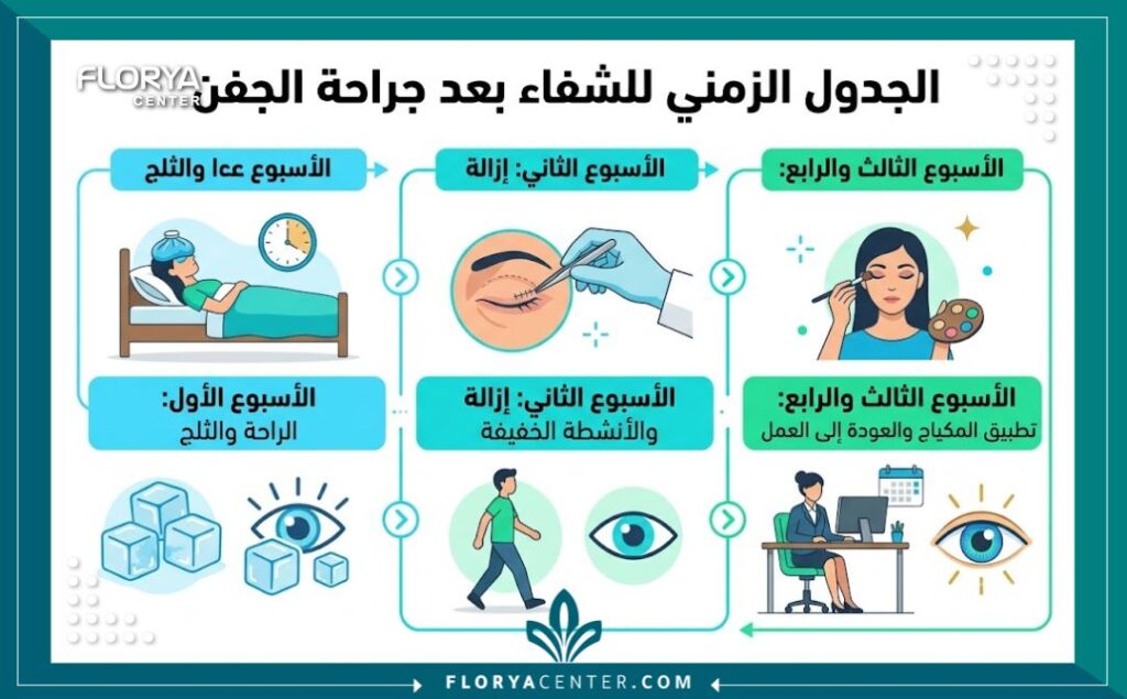 جدول زمني لتعافي مدة الشفاء من عملية تجميل الجفون يوضح متى يمكن العودة للعمل واستخدام المكياج