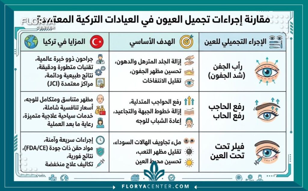 انفوجرافيك مقارنة بين أشهر عمليات تجميل العيون المتاحة في مراكز تجميل العيون في تركيا والمشافي التركية المعتمدة.