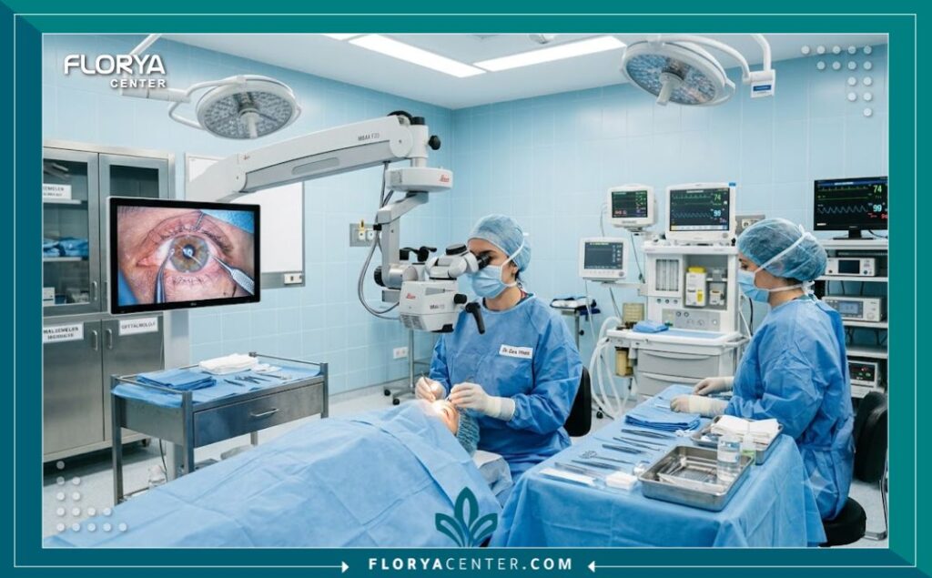لقطة واقعية من داخل غرفة عمليات تجميل عيون حديثة ومعقمة ومجهزة بأحدث التقنيات في مستشفى تركي معتمد.