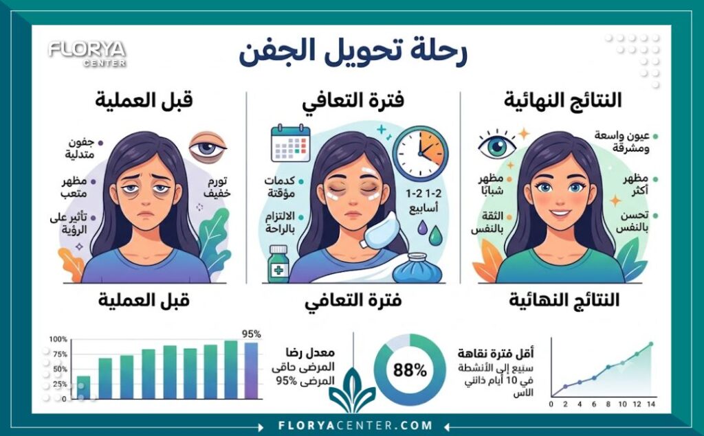 مخطط معلومات بياني (انفوجرافيك) يقارن رحلة التحول لنتائج شد الجفون في تركياحالة الجفن المتعبة، مرحلة التعافي، والنتائج النهائية المشرقة.