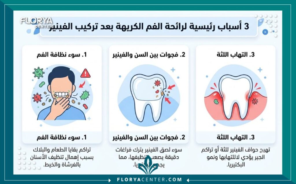إنفوجرافيك يوضح أهم أسباب ظهور رائحة فم كريهة بعد تركيب فينير الأسنان وكيفية تجنبها.