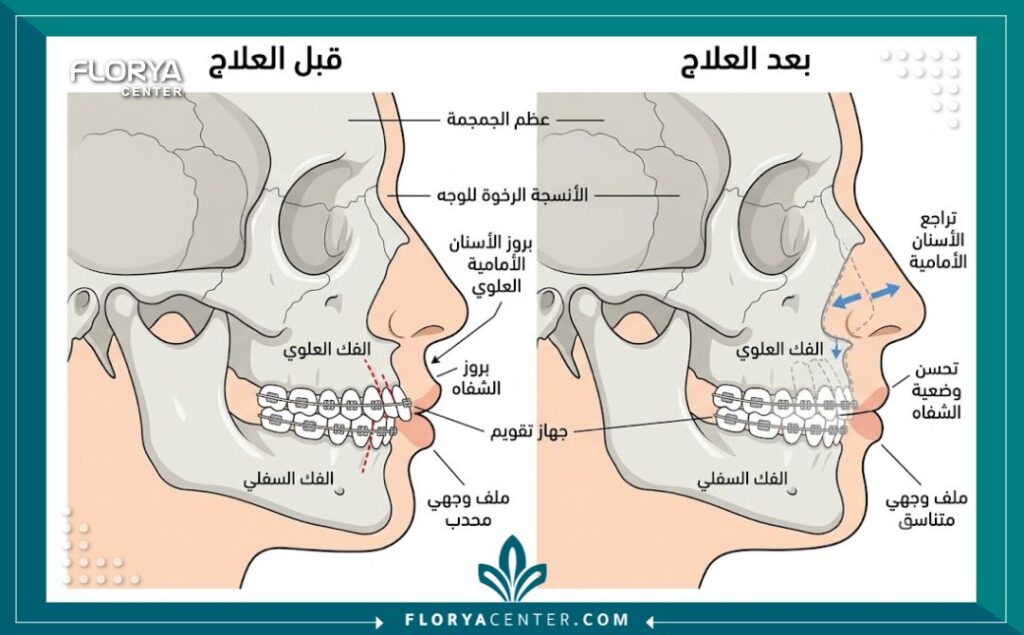 رسم توضيحي طبي يوضح كيف يغير تقويم الأسنان بروز الفك وشكل الشفتين من الجانب هندسياً وتشريحياً.