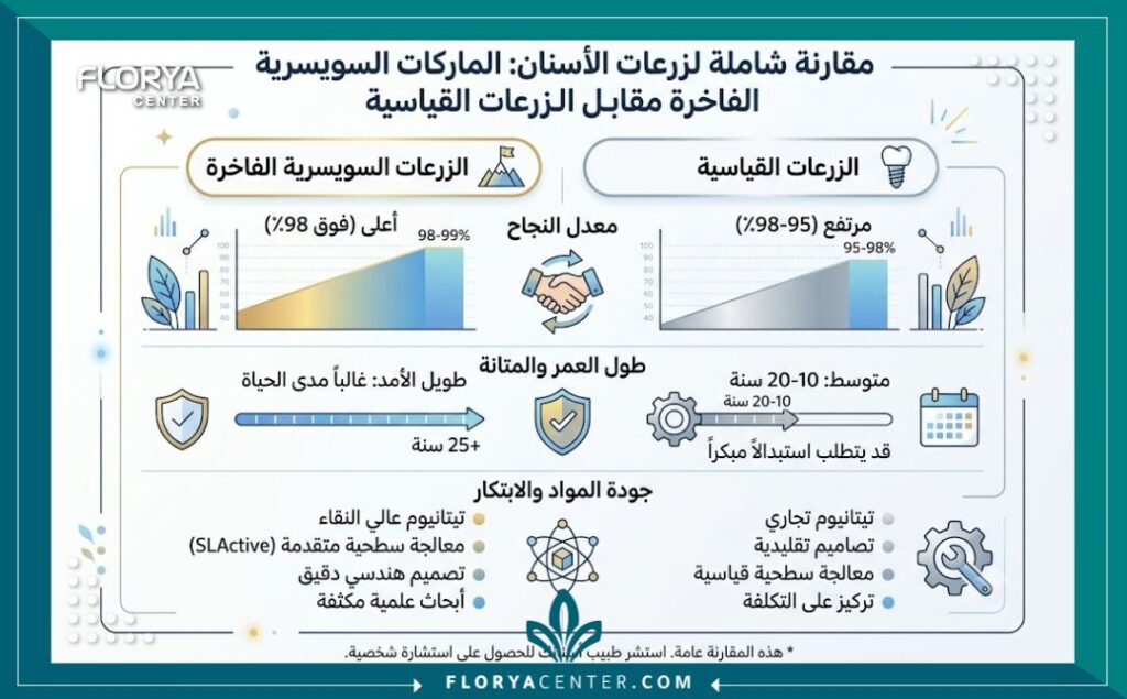 إنفوجرافيك يقارن بين نسبة نجاح زراعة الأسنان السويسرية مثل سترومان والأنواع الأخرى من حيث العمر الافتراضي والجودة.