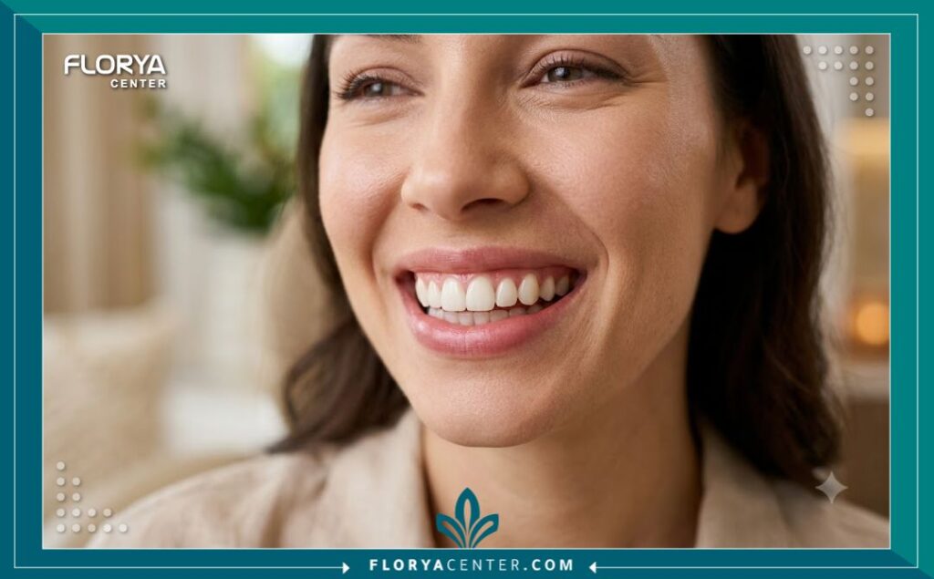 ابتسامة طبيعية وجذابة تبرز النتائج الجمالية المثالية لتركيبات وزراعة الأسنان السويسرية الفاخرة.