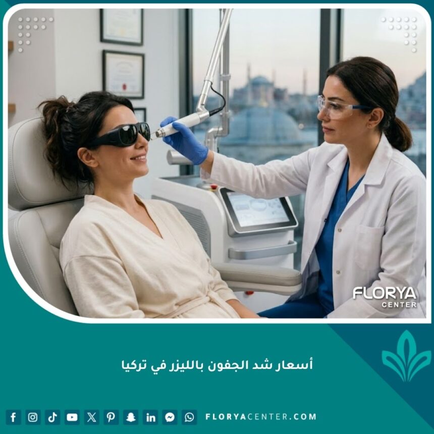 صورة سينمائية لعملية شد الجفون بالليزر غير الجراحية في عيادة تجميل احترافية في تركيا مع طبيبة متخصصة وامرأة مبتسمة.