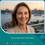 صورة سينمائية لامرأة مبتسمة بثقة بعد عملية تجميل الجفون في تركيا، تظهر عيونها بشكل جميل وطبيعي، مع إطلالة على البوسفور في الخلفية. أسعار عمليات تجميل الجفون في تركيا.