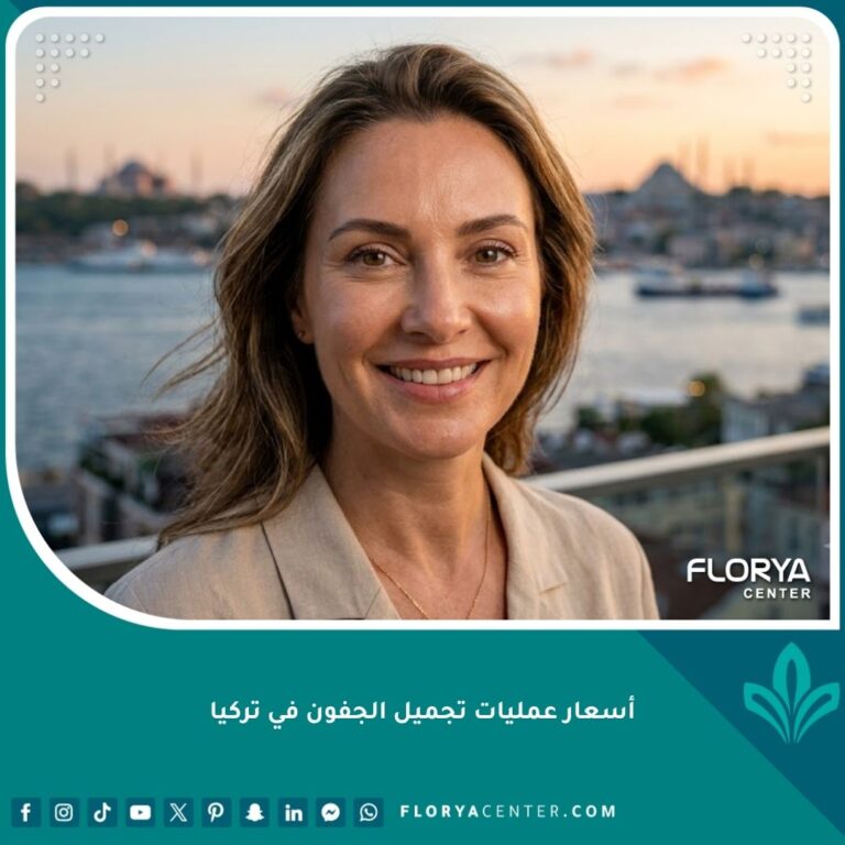 صورة سينمائية لامرأة مبتسمة بثقة بعد عملية تجميل الجفون في تركيا، تظهر عيونها بشكل جميل وطبيعي، مع إطلالة على البوسفور في الخلفية. أسعار عمليات تجميل الجفون في تركيا.