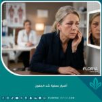 صورة سينمائية لامرأة تنظر بقلق إلى تورم واحمرار جفونها بعد عملية شد الجفون، تظهر أضرار عملية شد الجفون المحتملة.