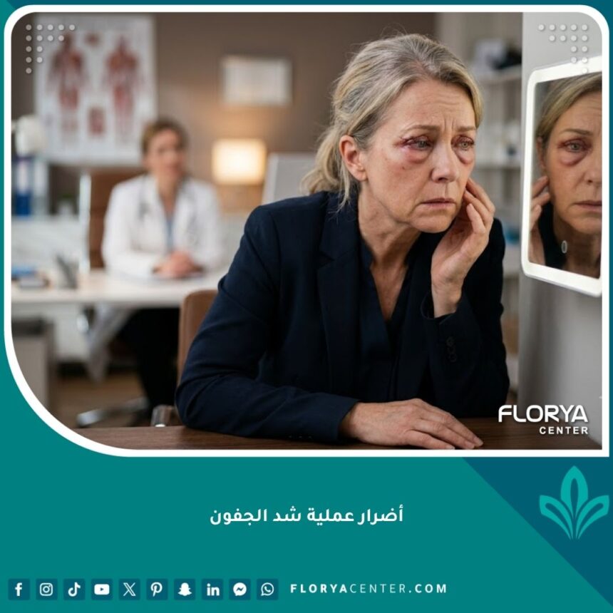 صورة سينمائية لامرأة تنظر بقلق إلى تورم واحمرار جفونها بعد عملية شد الجفون، تظهر أضرار عملية شد الجفون المحتملة.