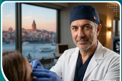 صورة سينمائية تظهر الدكتور خبير تجميل الجفون في تركيا، يرتدي معطفًا طبيًا وينظر بثقة، مع خلفية غير واضحة لإسطنبول.