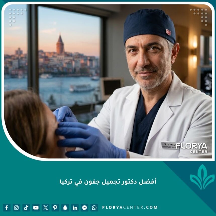 صورة سينمائية تظهر الدكتور خبير تجميل الجفون في تركيا، يرتدي معطفًا طبيًا وينظر بثقة، مع خلفية غير واضحة لإسطنبول.