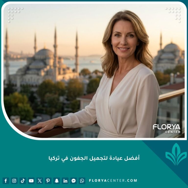 سيدة أنيقة تبتسم بثقة على شرفة في إسطنبول وتطل على البوسفور بعد إجراء عملية ناجحة في أفضل عيادة لتجميل الجفون في تركيا.