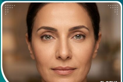 صورة قريبة سينمائية لامرأة عربية ذات بشرة مشدودة ونظرة مشرقة بعد عملية شد الجفون، تبرز ملامح الوجه الطبيعية وعيون خالية من الترهل والتجاعيد.