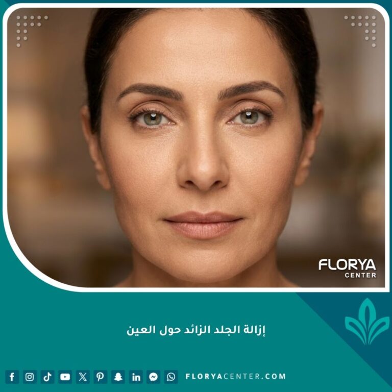 صورة قريبة سينمائية لامرأة عربية ذات بشرة مشدودة ونظرة مشرقة بعد عملية شد الجفون، تبرز ملامح الوجه الطبيعية وعيون خالية من الترهل والتجاعيد.