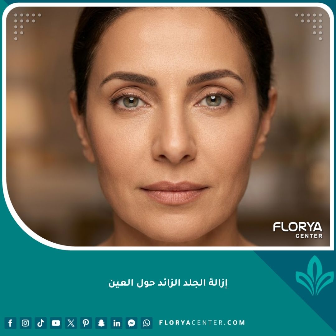 صورة قريبة سينمائية لامرأة عربية ذات بشرة مشدودة ونظرة مشرقة بعد عملية شد الجفون، تبرز ملامح الوجه الطبيعية وعيون خالية من الترهل والتجاعيد.