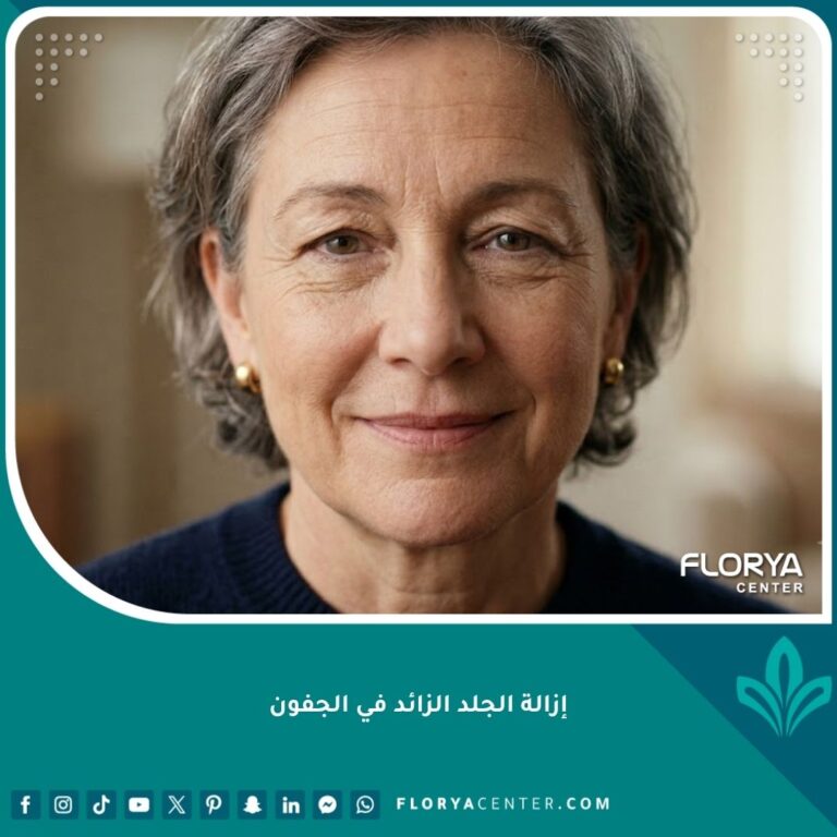 لقطة مقربة احترافية لوجه سيدة في منتصف العمر تظهر بوضوح ترهل الجلد الزائد في الجفون العلوية، مما يسبب مظهراً متعباً وثقيلاً للعين، كصورة رئيسية لعملية شد الجفن.