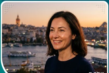امرأة شابة تتمتع بعيون مشرقة ونضرة بعد عملية استعادة شباب العين في تركيا، مع إطلالة بانورامية على البوسفور في الخلفية.