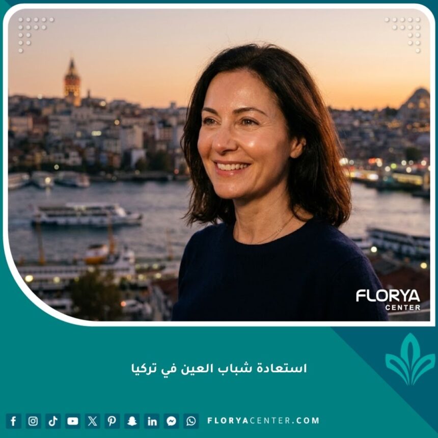 امرأة شابة تتمتع بعيون مشرقة ونضرة بعد عملية استعادة شباب العين في تركيا، مع إطلالة بانورامية على البوسفور في الخلفية.