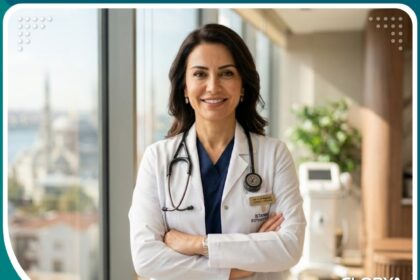 طبيب تجميل بملامح احترافية وثقة يقف في عيادة راقية، يمثل افضل دكتور تجميل جفون في اسطنبول لعمليات شد الجفون المترهلة.