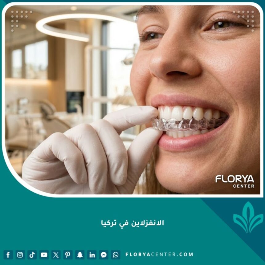صورة مقربة لابتسامة جذابة أثناء تركيب تقويم الانفزلاين الشفاف، تعكس جودة تجميل الأسنان في تركيا.