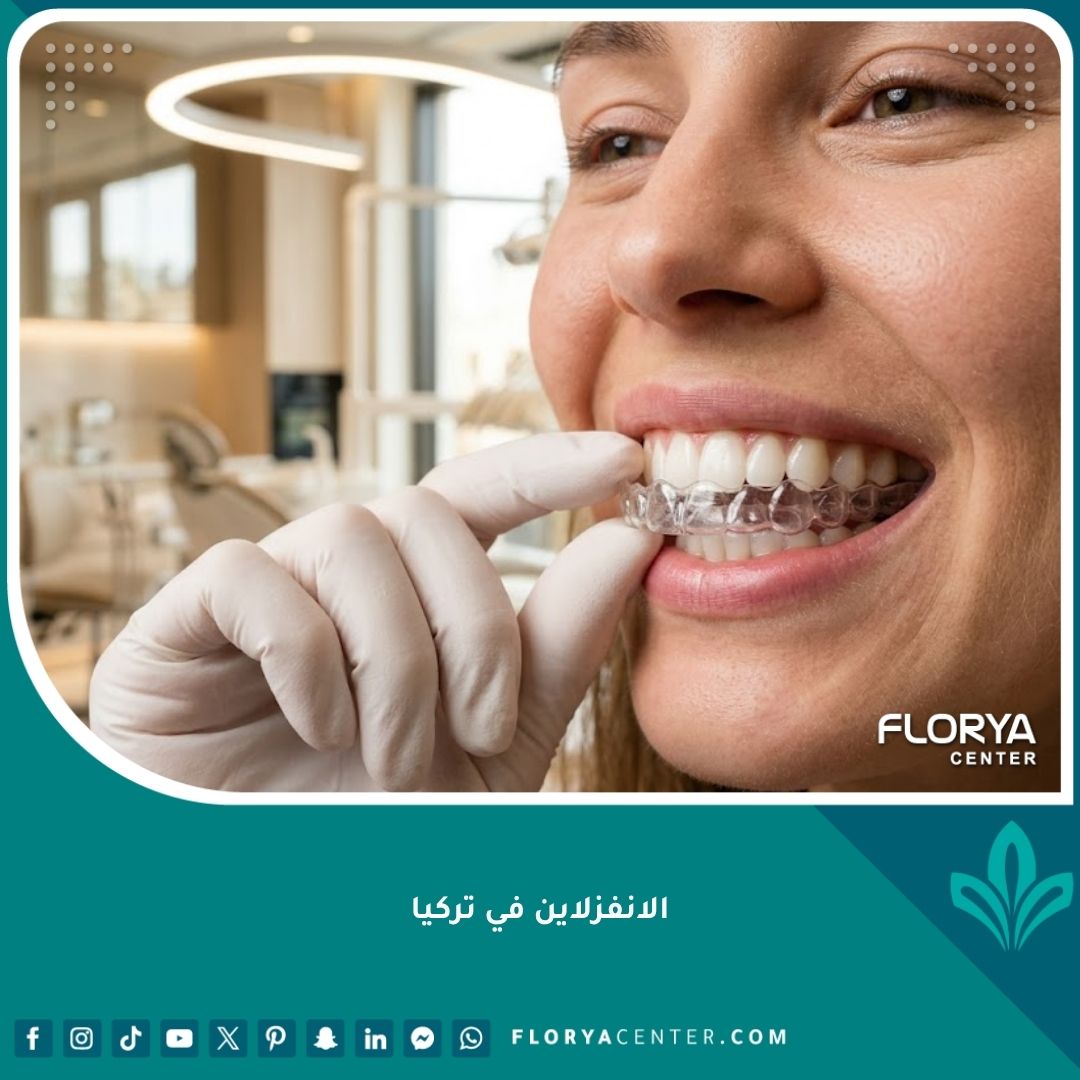 صورة مقربة لابتسامة جذابة أثناء تركيب تقويم الانفزلاين الشفاف، تعكس جودة تجميل الأسنان في تركيا.